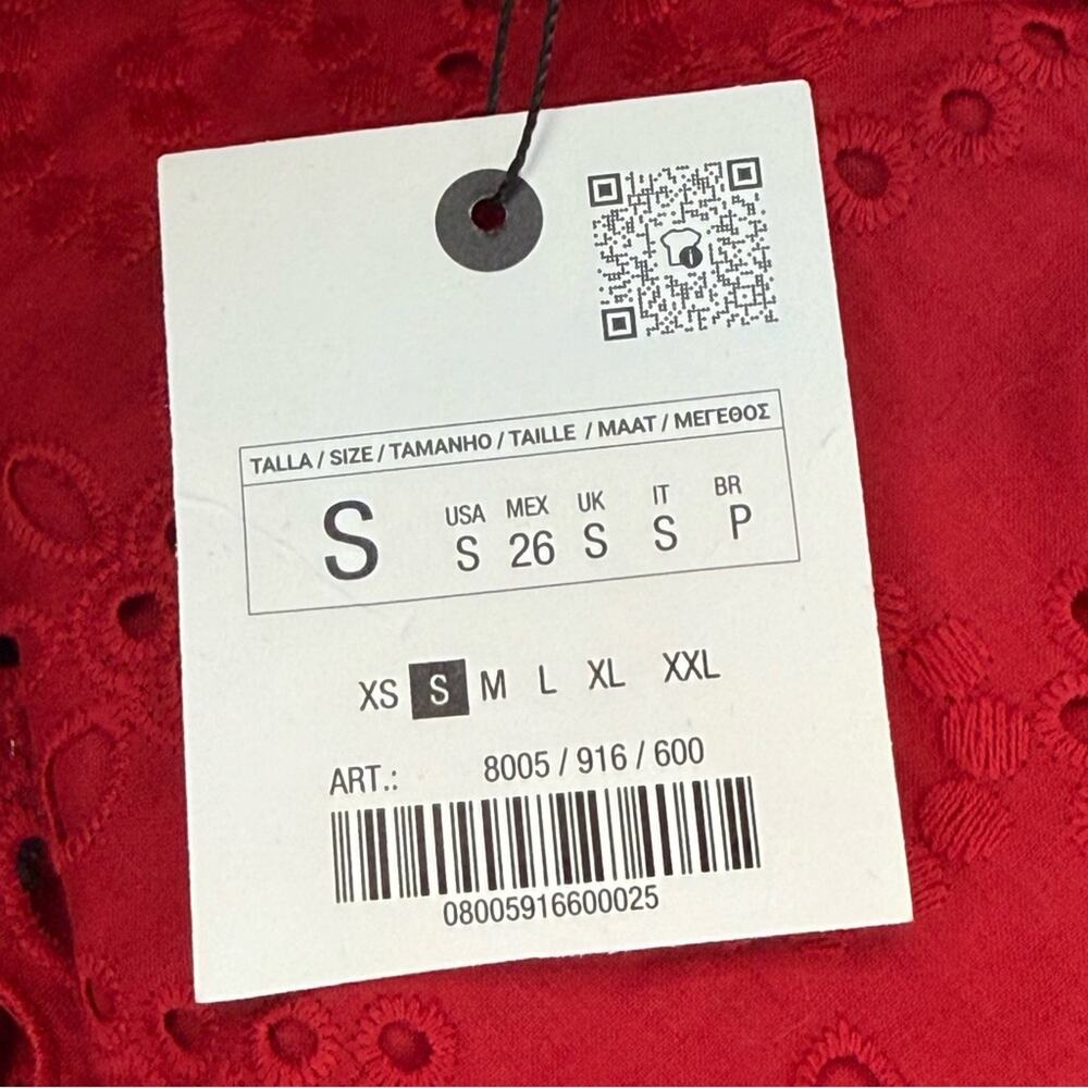 ZARA NEW Boho Hippie Western Eyelet Red Cotton Blouse Button-Up Small - Picture 9 of 10